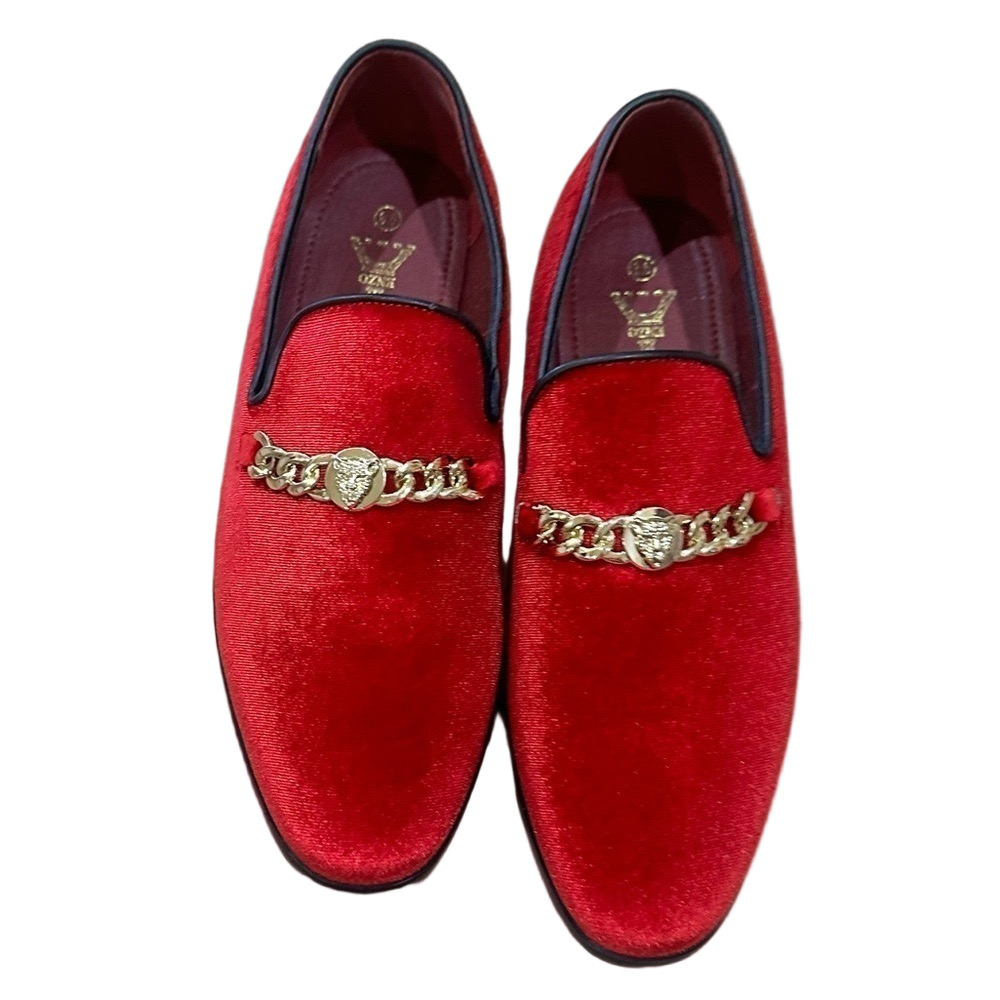 Men’s Red Velvet Tuxedo Loafers Gold Chain Dress Shoes Wedding Prom Size 8.5